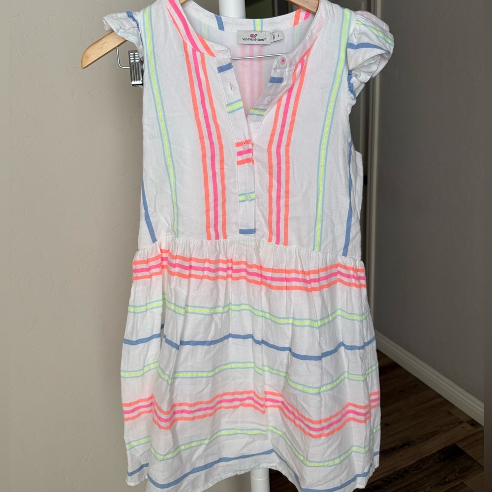 Vineyard Vines White Dress with Neon Pink, Lime Green & Blue Stripes